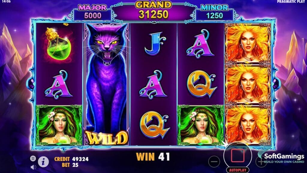 Wild Spells Slot game interface showing witches, magical symbols, and vibrant graphics by Pragmatic Play.